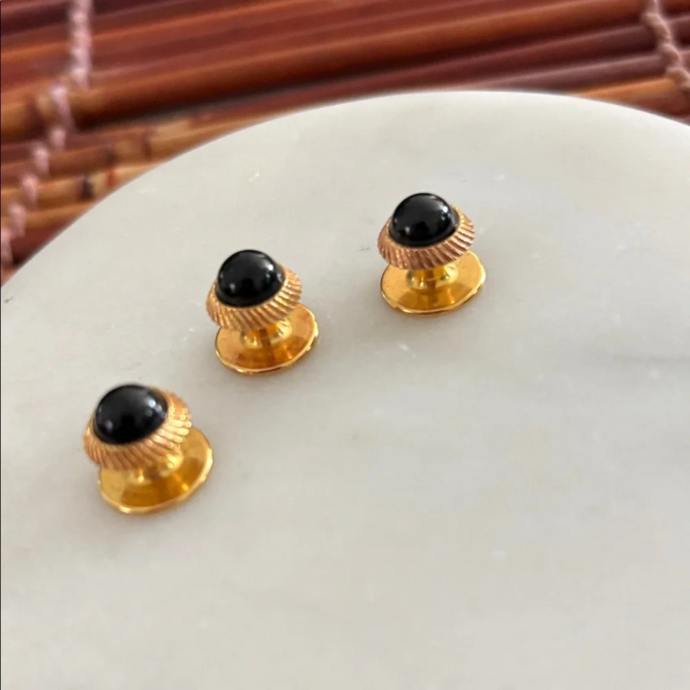 Gold Tone Men's Shirt Studs Blue Cabochon Accent